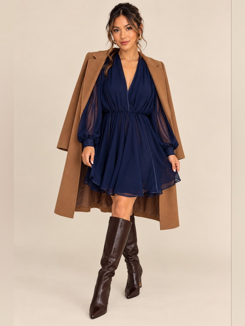 Vintage Wayne Clark Navy Long-Sleeve V-Neck Chiffon Like Dress